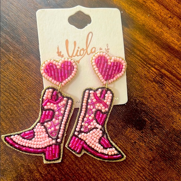 Viola Pink Beaded Heart and Boot Earrings - Picture 1 of 2